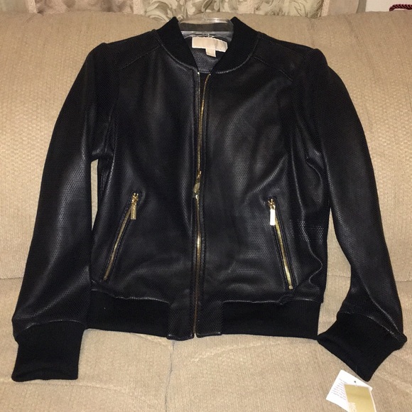♣️NWT MK Genuine Leather Perforated Bomber Jacket - Picture 6 of 8